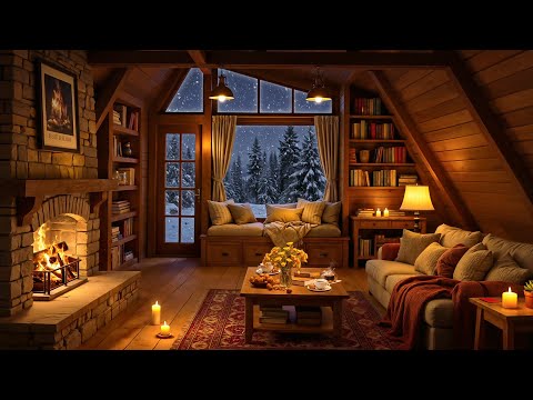 Winter Night in Cozy Cabin Ambience with Soothing Jazz Music & Crackling Fireplace for Relaxation ❄️