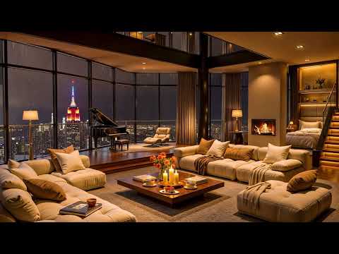 Luxury Apartment Ambience in New York 🌃 Elegant Jazz Saxophone with Rain & Fireplace Sounds to Sleep