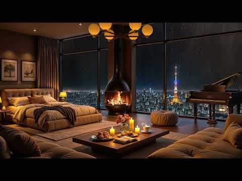 A Rainy Night in Tokyo ⛈ Cozy Bedroom with Tender Jazz Saxophone & Fireplace Sounds for Deep Sleep