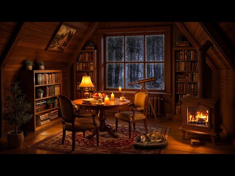 Cozy Reading Nook Ambience 📖 Smooth Jazz & Crackling Fireplace in Winter Night for Stress Relief