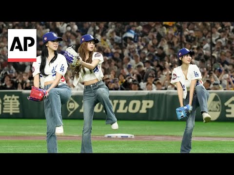 K-Pop group MISAMO members throw first pitch at Dodgers vs Tigers game in Tokyo