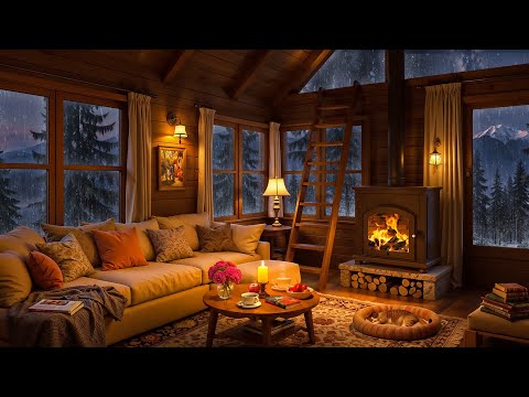 Rainy Night in a Cozy Cabin Ambience 🌧️ Fireplace Sounds & Smooth Jazz for Ultimate Relaxation