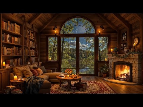 Rainy Night in Cozy Cabin Ambience with Warm Jazz and Fireplace Sounds for Relax, Work, Study