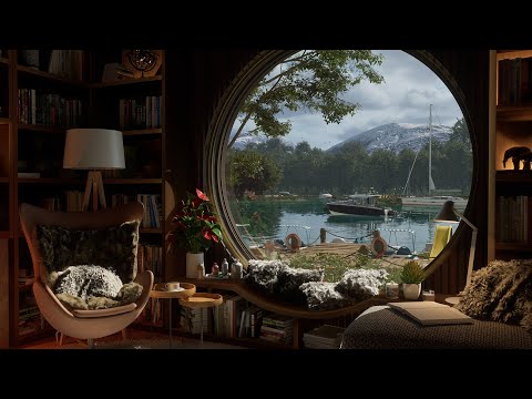 A Cozy Library & Fireplace By A Beautiful Calm Lake | 4K | Relaxing Fireplace Ambience