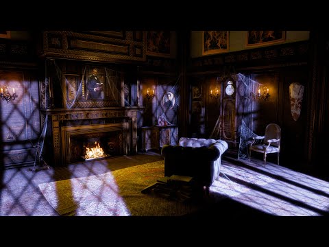 Spooky Haunted House Parlor w/Thunder & Crackling Fire - Halloween Screensaver, Reading Ambience