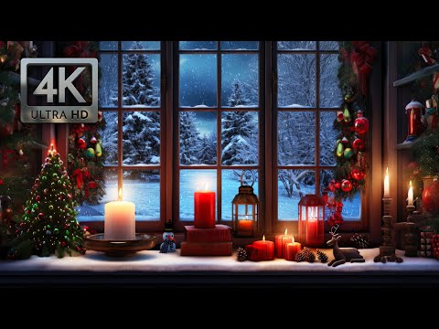 Christmas Window Scene Ambience, Blizzard Sounds, Falling Snow and Crackling Fire