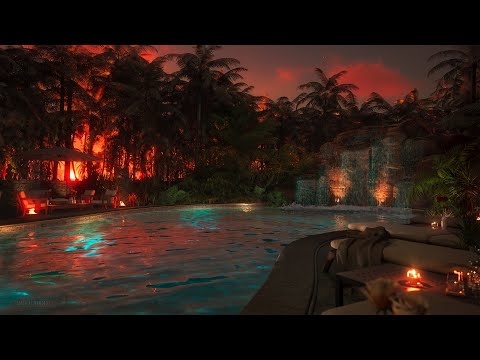 A Beautiful Relaxing Swimming Pool During Sunset | Calming Ambience For Sleeping | 24/7 Live Stream