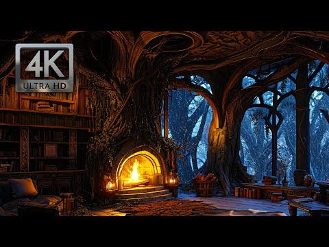 Inside the Enchanted Forest Treehouse, Winter Ambience w/ Wind Blowing, Falling Snow, Crackling Fire