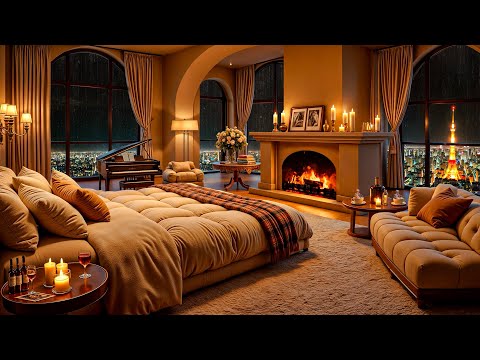 Cozy Bedroom Ambience in Tokyo with Smooth Jazz Saxophone ⛈ Rain & Fireplace Sounds for Sleep, Relax