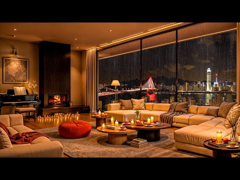 Cozy Apartment Ambience on a Rainy Night ⛈ Elegant Jazz Saxophone, Rain & Fireplace Sounds for Sleep