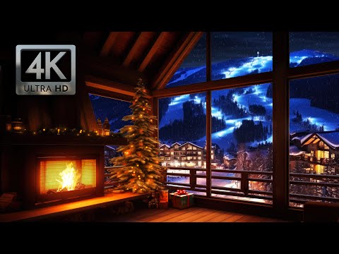 Cozy Fireplace at the Winter Ski Lodge, Christmas Background Ambience with Crackling Fire Sounds