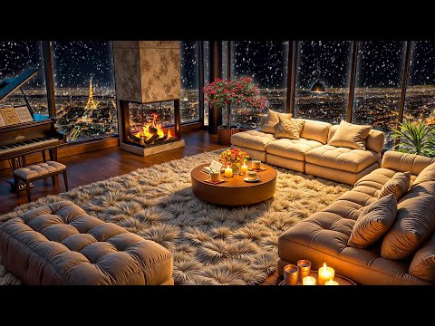 Snowy Night in Paris ❄ Cozy Apartment with Smooth Jazz Saxophone & Fireplace Sounds for Relax, Sleep