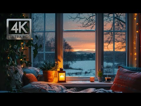 Winter Window Scene Ambience, Blizzard Sounds, Falling Snow and Crackling Fire