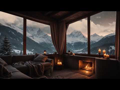 Majestic Winter Ambience | Relaxing Music & Beautiful Mountain View, Snowfall, Crackling Fireplace