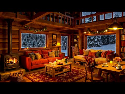 ❄️ Winter Night in Cozy Cabin Ambience with Soft Jazz Music & Fireplace Sounds for Relaxation