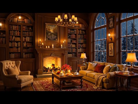 Relaxing Jazz Music with Fireplace Sounds & Falling Snow Ambience in Winter Cabin for Stress Relief