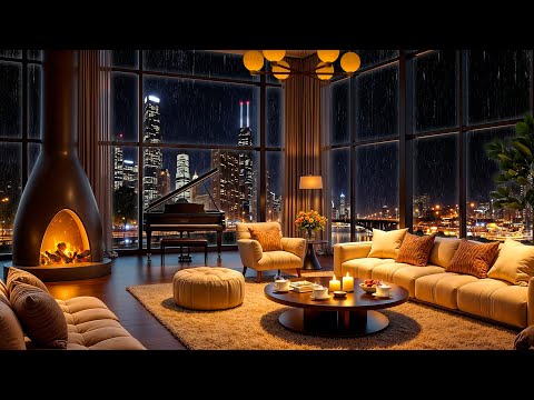 Rainy Night Jazz ⛈ Cozy Apartment in Chicago 🎷 Elegant Jazz Saxophone with Rain & Fireplace Sounds