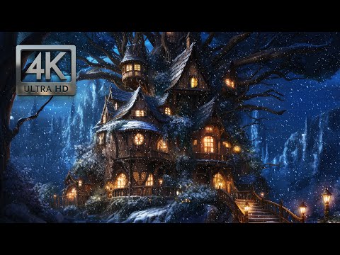 Enchanted Forest Treehouse Winter Ambience with Blizzard Winds Blowing & Falling Snow