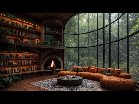 Cozy Rainforest Living Room Ambience 🌧️ Warm Jazz Instrumental Music for Stress Relief, Relaxation