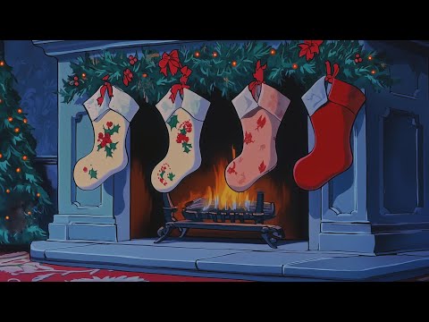 cozy christmas fireplace with vintage oldies playing in another room (christmas ambience)