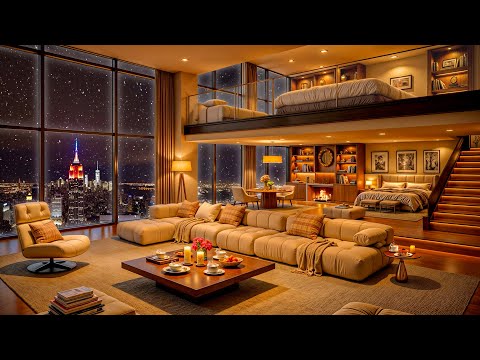 Sleep Night Jazz 🌃 Luxury Apartment Ambience in New York 🎷 Relaxing Jazz Saxophone Music & Snowfall