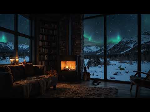 Relaxing Nordic Reading Ambience  | Peaceful Music with Crackling Fire and Northern Lights