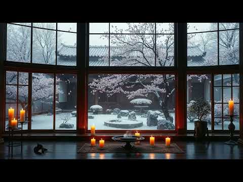 Serene Winter Garden Ambience | Snowy Cherry Blossoms, Temple Views & Relaxing Meditation Music