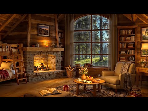 Cozy Spring Cabin Ambience - Tranquil Jazz, Crackling Fireplace & Rain Sounds to Unwind