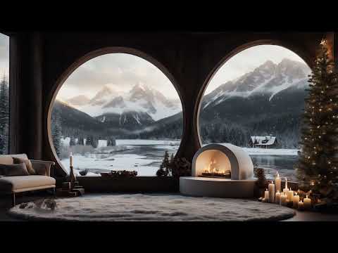 Cozy Winter Ambience | Peaceful Background Music, Light Snowfall and Crackling Fire