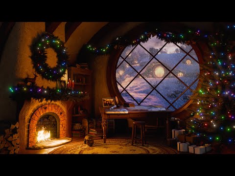 Christmas in a Cozy Hobbit Home: Festive Ambience with Crackling Fire & Snowstorm