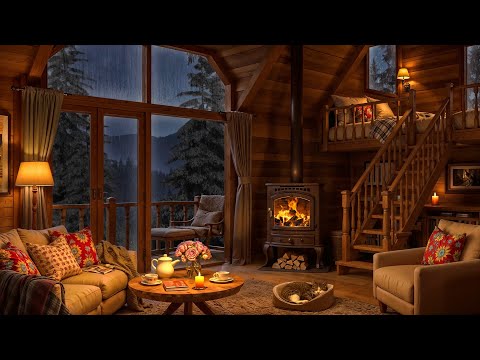 Smooth Jazz & Crackling Fireplace on Cozy Rainy Day ~ Relaxing Jazz to Unwind in Cozy Cabin