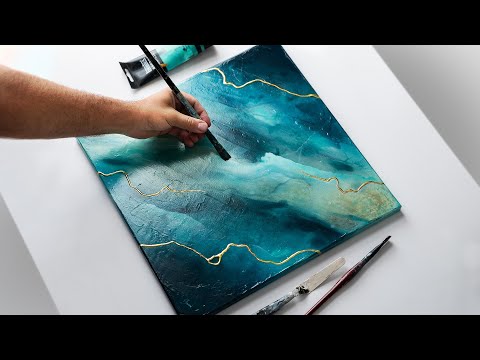 MINERAL LAGOON ABSTRACT ART | Painting demo with gold leaf and acrylic paint