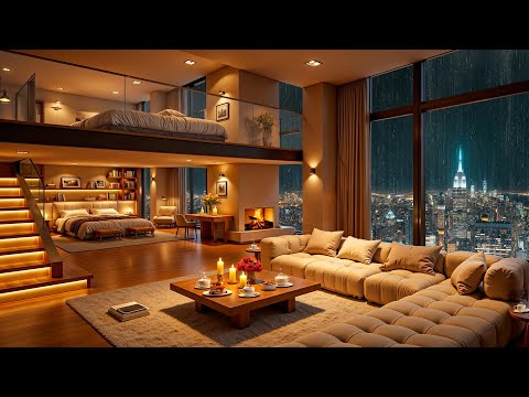 🌃 Luxury NYC Apartment Ambience with Smooth Jazz Saxophone Music & Rain Sounds for Relaxation, Sleep