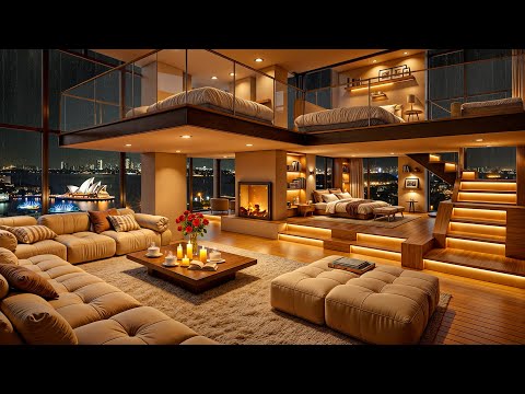 Luxury Apartment Ambience with a Night View of Sydney 🌃 Smooth Jazz Saxophone & Rain Sounds to Relax