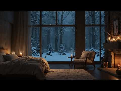 Cozy Winter Night Ambience ❄️ | Relaxing Music, Fireplace, Snowfall, | Cozy Bedroom with Forest View