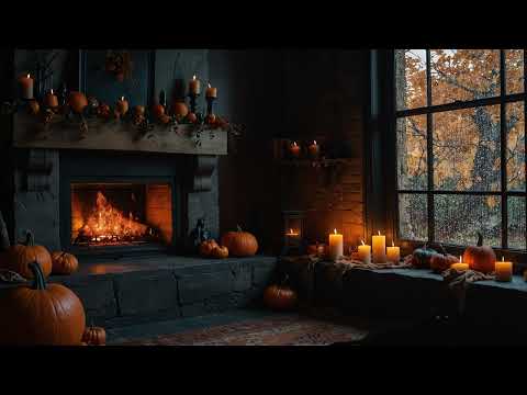 Relaxing Autumn Ambience 🍁 | Cozy Fireplace with Peaceful Music and Light Rain Sounds