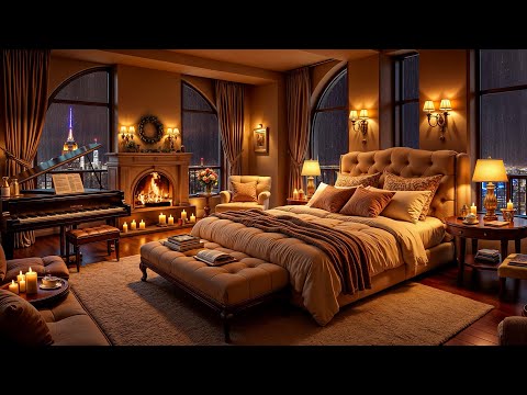 Rainy Night Jazz Harmony 🌃 Cozy NYC Bedroom with Smooth Jazz Saxophone & Fireplace Sounds for Sleep