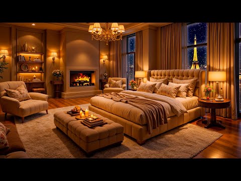 ❄  Cozy Bedroom in Paris with Smooth Jazz Saxophone Music & Fireplace Sounds for Sleeping, Relaxing