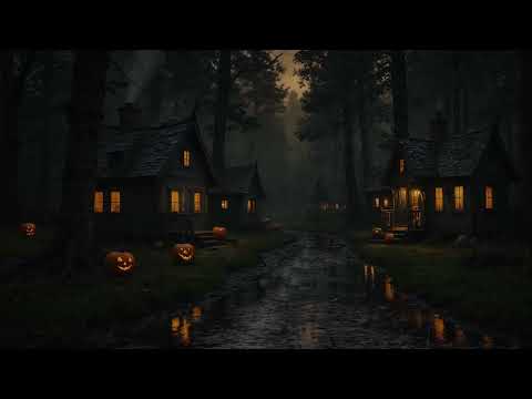 Spooky Halloween Village Ambience | Festive Halloween Music and Heavy Rain Sounds 🎃 🌧️