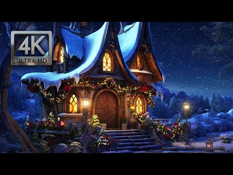 Christmas Cottage Ambience, Christmas Background, Winter Wonderland with Snow Falling & Wind Blowing