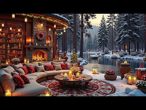 Relaxing Christmas Jazz with Cozy Winter Coffee Shop by the Lake for Peaceful Morning