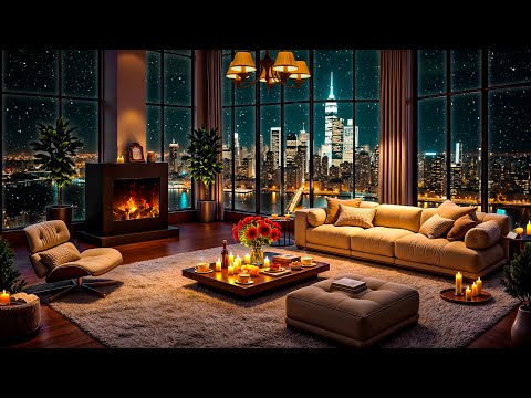 Cozy Apartment Ambience 🌃 Elegant Jazz Saxophone Music & Fireplace Sounds to Sleep, Relax, Study