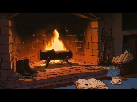 cozy fireplace with oldies playing in another room