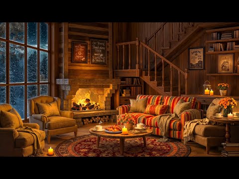 Cozy Winter Cabin Ambience with Relaxing Jazz Music & Fireplace Sounds ~ Soft Jazz for Stress Relief