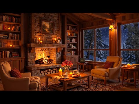 Soft Jazz, Crackling Fireplace & Gentle Snowfall for Cozy Winter Ambience ~ Soothing Jazz to Unwind