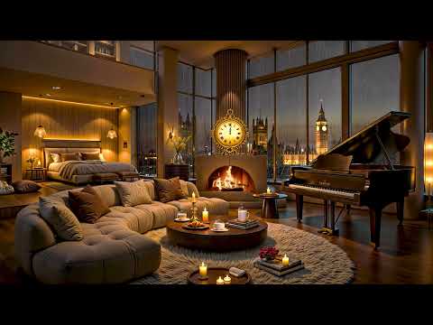 Cozy London Apartment on a Rainy Night ⛈ Tender Jazz Saxophone, Rain & Fireplace Sounds for Relaxing