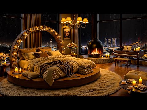 Ethereal Jazz Saxophone Music in Cozy Bedroom Ambience ⛈ Rain & Fireplace Sounds for Relax, Sleep