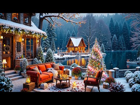 Cozy Christmas Jazz at Coffee Shop Ambience - Relaxing Winter Music with Gentle Snowfall Scene