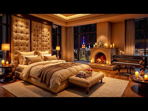 Cozy Bedroom in New York 🌃 Ethereal Jazz Saxophone Music with Rain & Fireplace Sounds for Sleeping