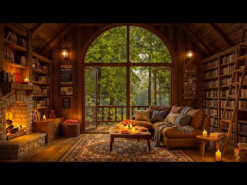 Spring Cabin Ambience 🍃 Cozy Morning with Smooth Jazz & Crackling Fireplace to Unwind